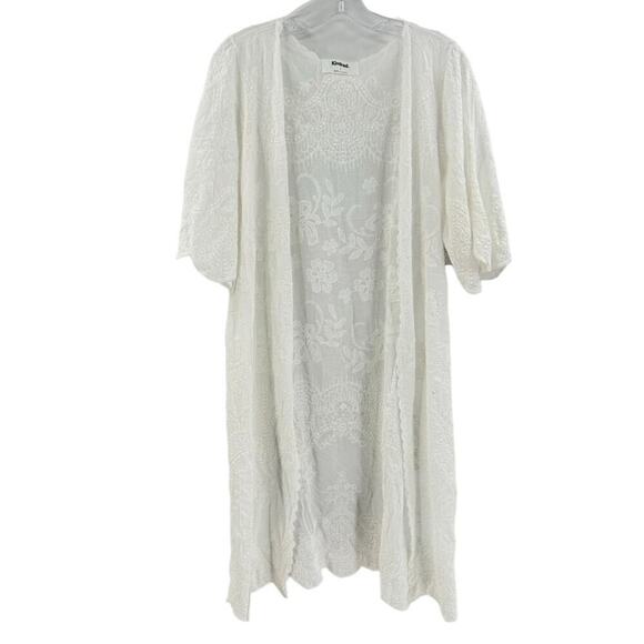 Kindred Bravely Tops - Kindred Boho Embroidered Kimono Coverup Sz L White Open Front Flutter Scallop
